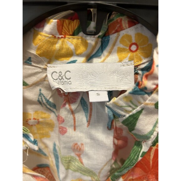 C & C California Womens Floral Linen Top Small Hawaiian Tropical Cruise Beach - Picture 2 of 4